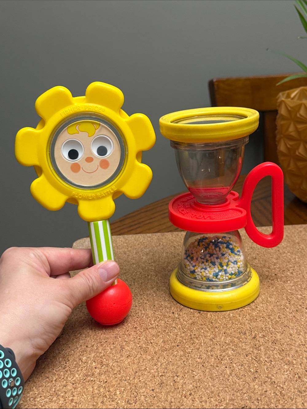 Vintage 1970s Fisher-Price Flower Rattle and Hourglass Shaker Baby Toys